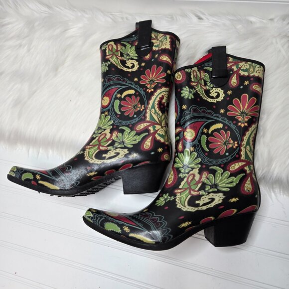 RIDE TEC Brown Paisley Floral Print Slip On Rubber Cowboy Rain Boots Sz 10 - Picture 2 of 10